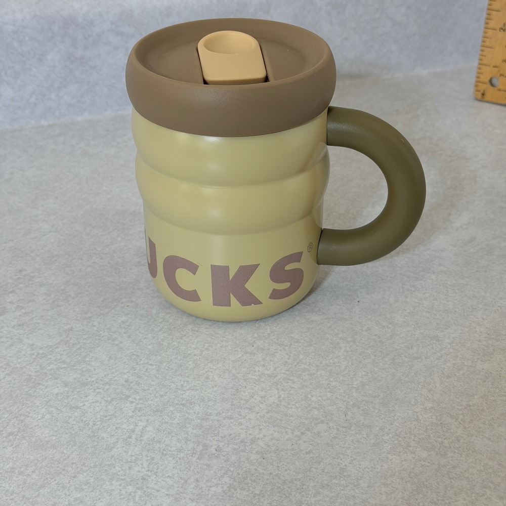 Starbucks Puffer Ribbed Stainless Steel Travel Mug Tan Olive Green with Lid 12oz